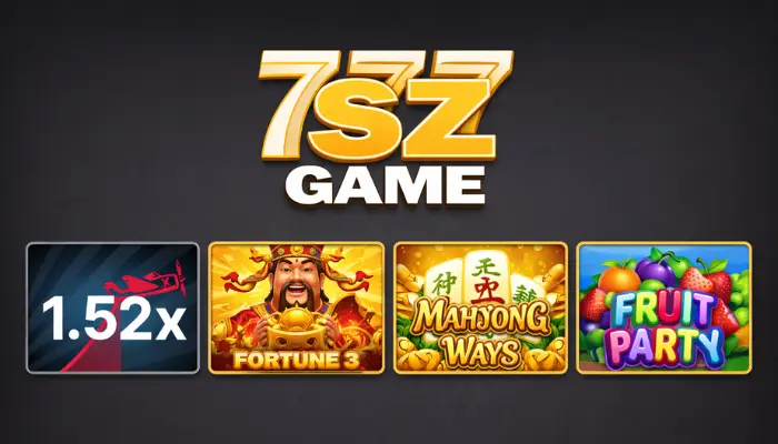 777SZ Game logo with four game icons including Aviator crash game, Fortune 3, Mahjong Ways, and Fruit Party displayed on a dark gray background.